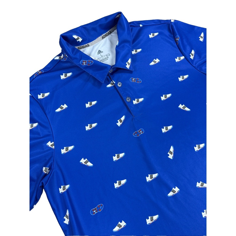 Adidas Polo Shirt Men's L Blue Primegreen Performance Golf Shoes All Over Print
